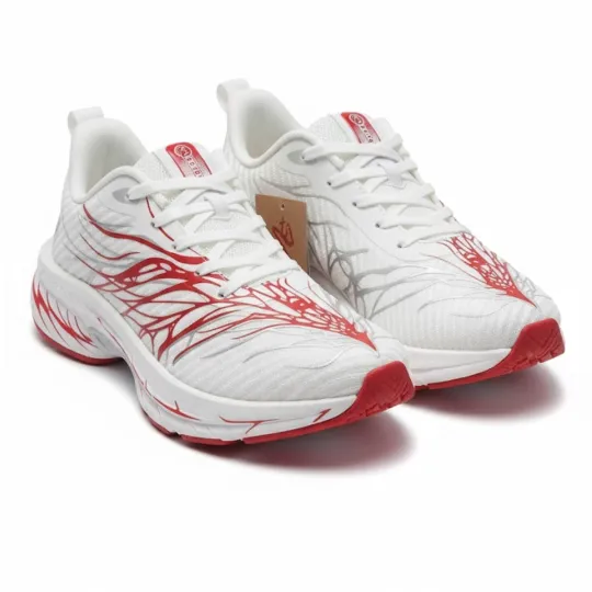 Beige Men’s Running Shoes – Papyrus White with Red & Silver Accents